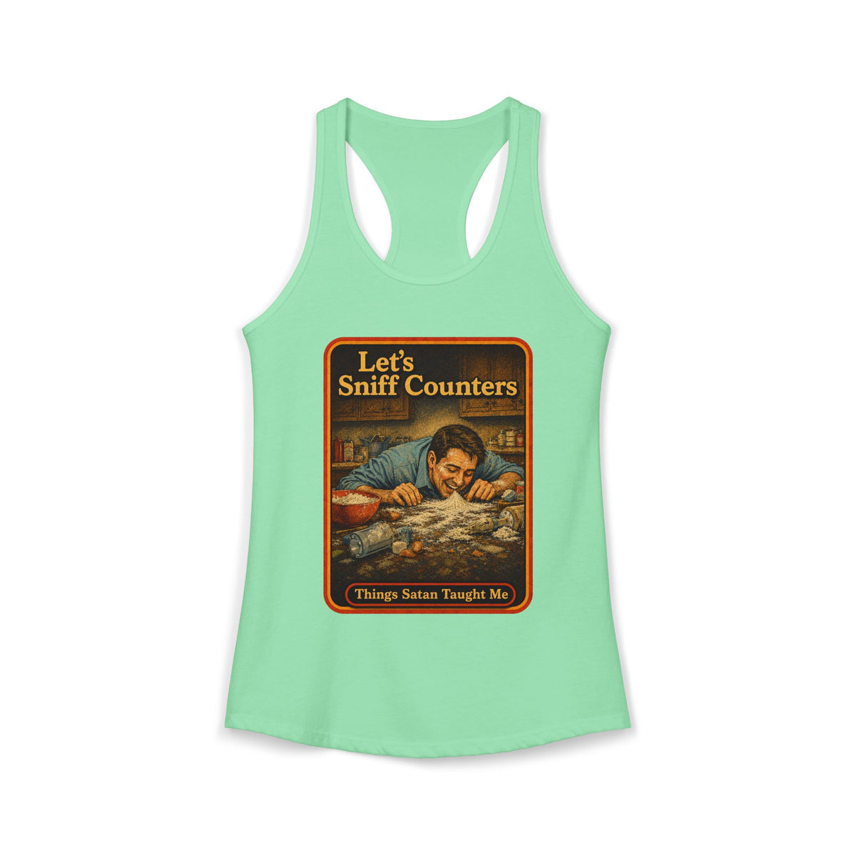 Let's Sniff Counters Racerback Tank in Mint, front
