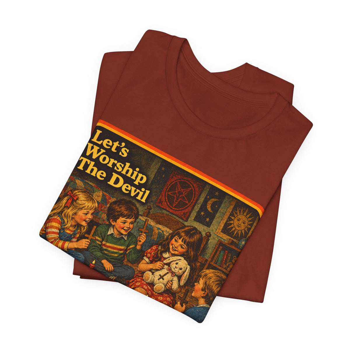 Let's Worship The Devil Unisex Tee in Rust, view 3