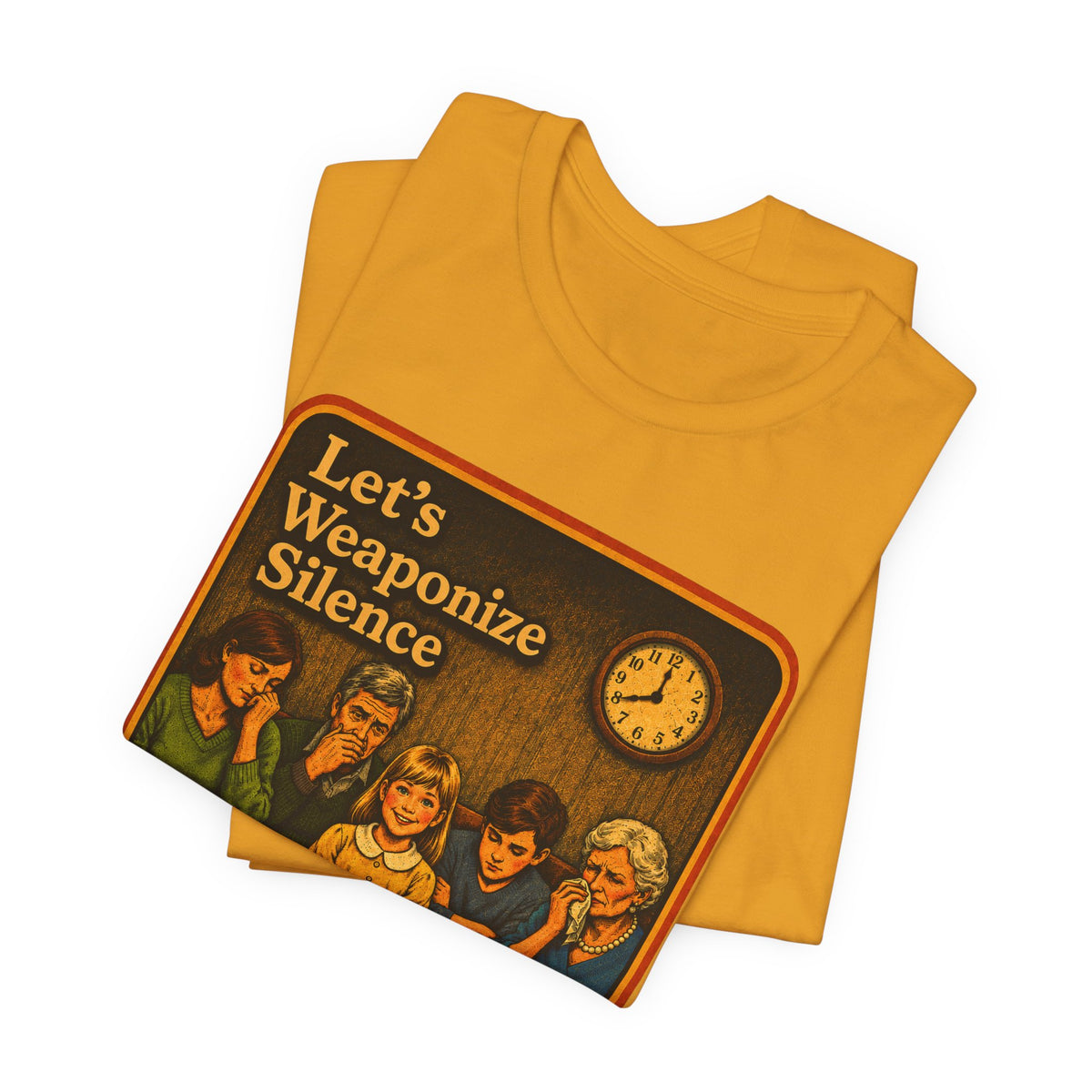 Let's Weaponize Silence Unisex Tee in Mustard, view 3