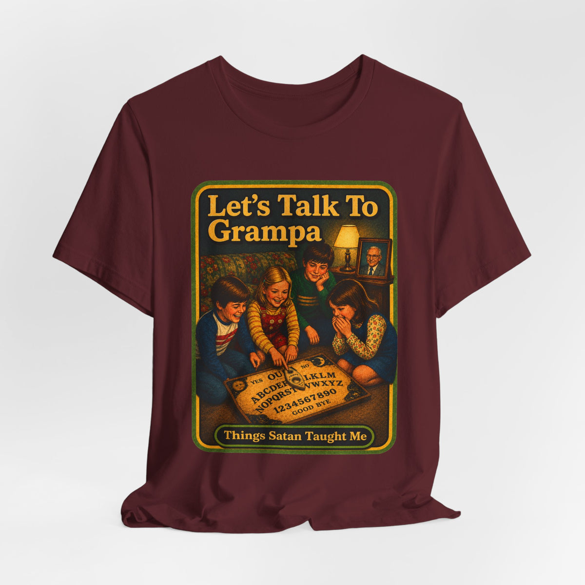 Let's Talk To Grampa Unisex Tee in Maroon, view 4