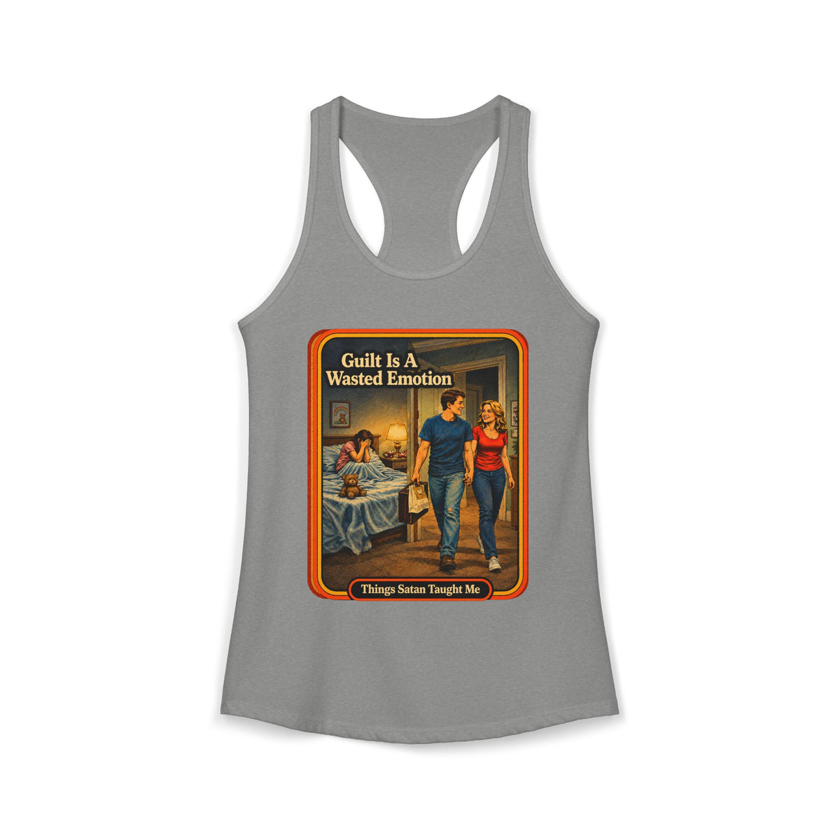 Guilt Is A Wasted Emotion Racerback Tank in Heather Grey, front