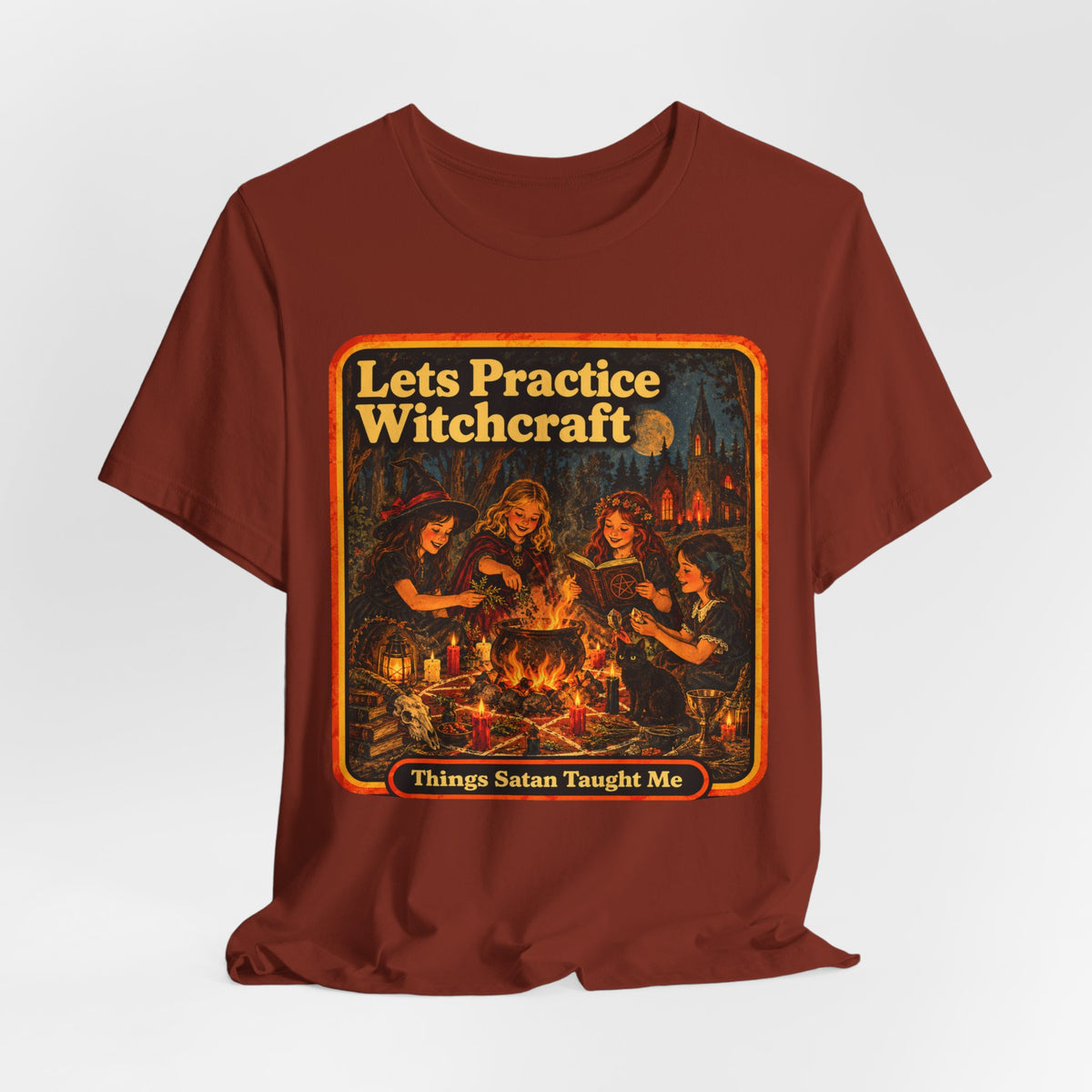 Let's Practice Witchcraft Unisex Tee in Rust, view 4