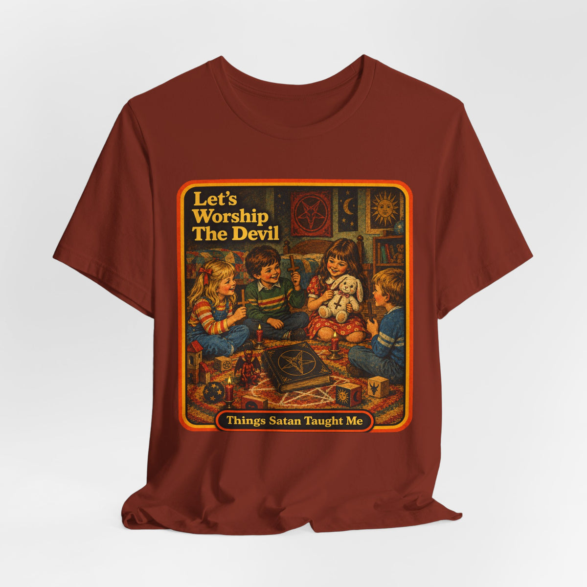 Let's Worship The Devil Unisex Tee in Rust, view 4