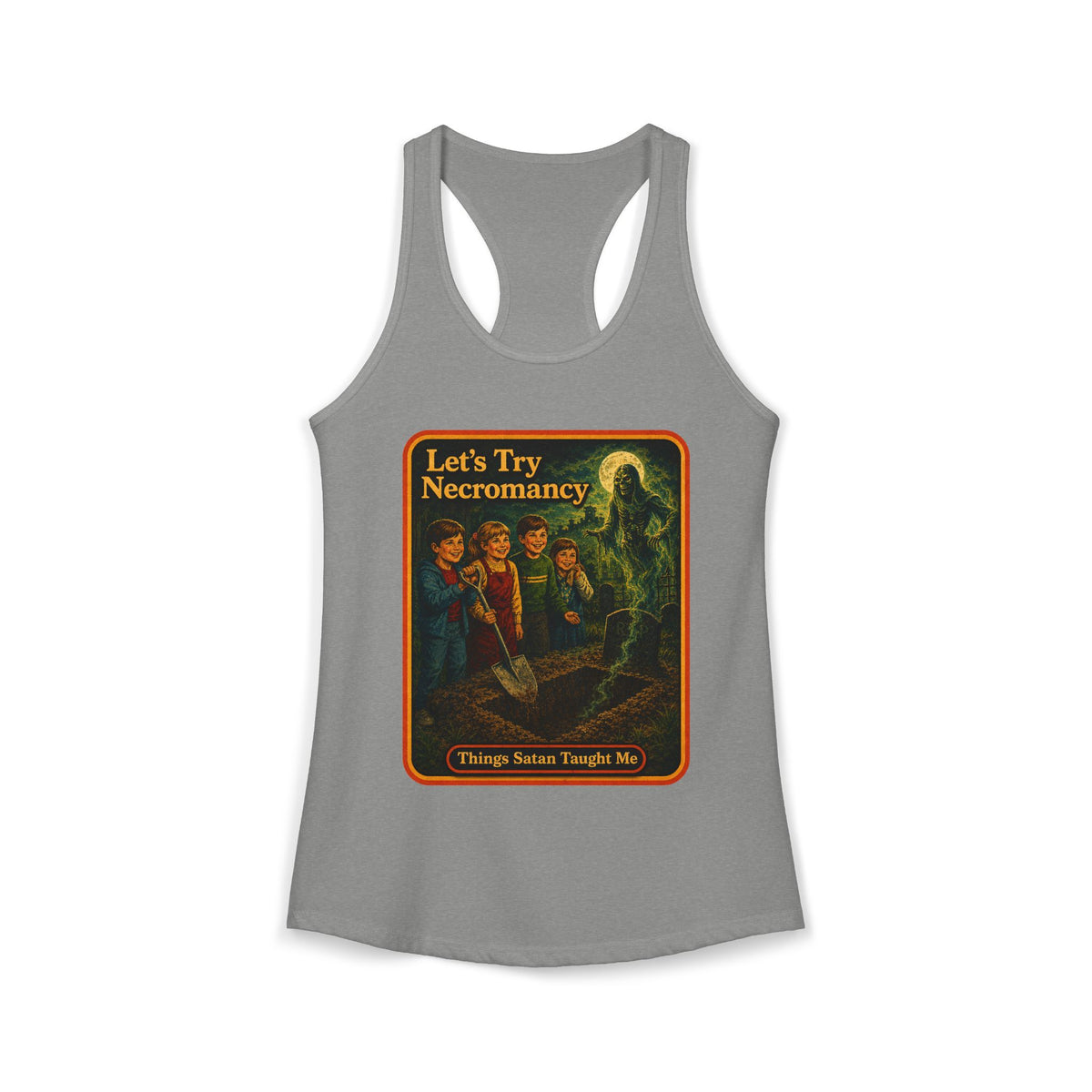 Let's Try Necromancy Racerback Tank in Heather Grey, front