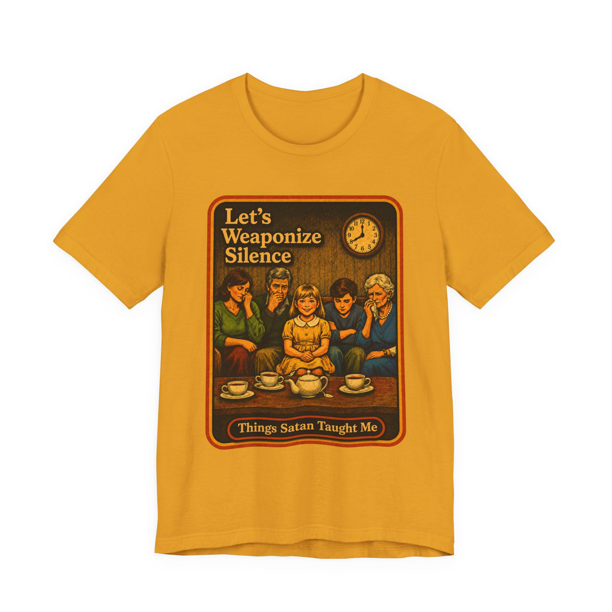 Let's Weaponize Silence Unisex Tee in Mustard, front