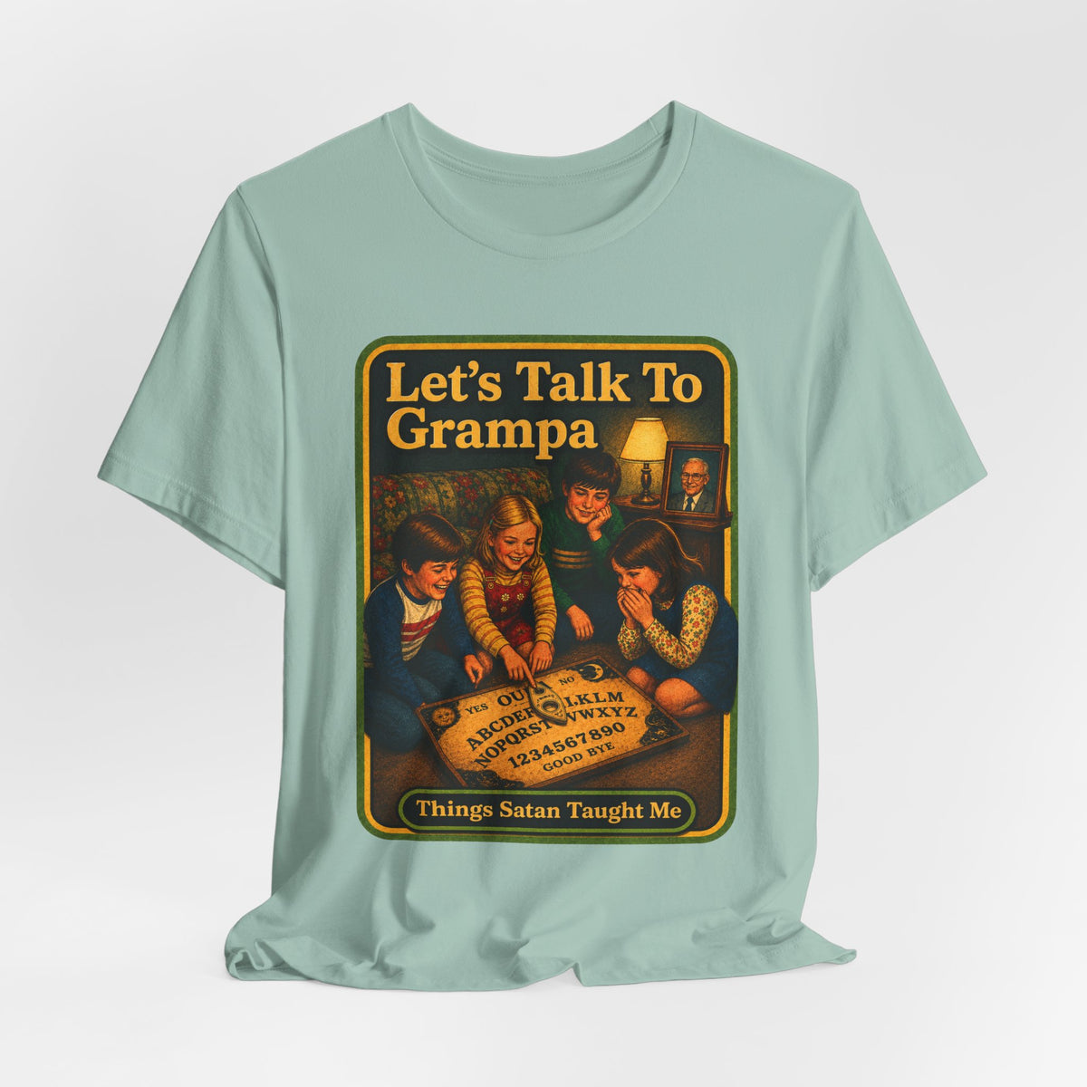 Let's Talk To Grampa Unisex Tee in Dusty Blue, view 4