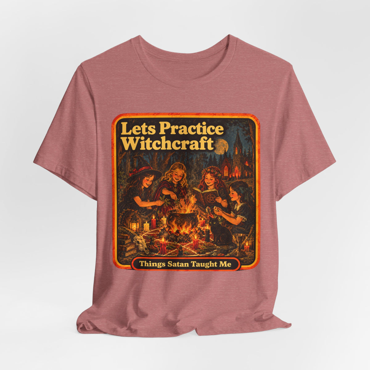 Let's Practice Witchcraft Unisex Tee in Heather Mauve, view 4