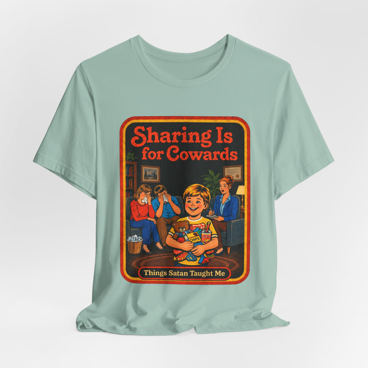 Sharing Is For Cowards Unisex Tee in Dusty Blue, view 4