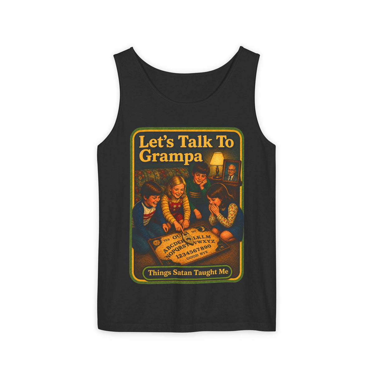 Let's Talk To Grampa Wife Beater in Black, front