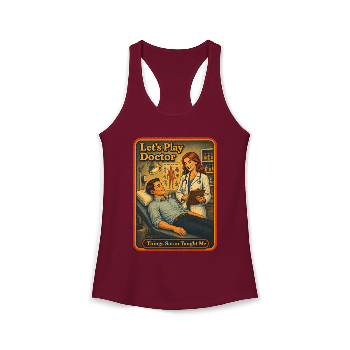 Let's Play Doctor Racerback Tank in Cardinal Red, front