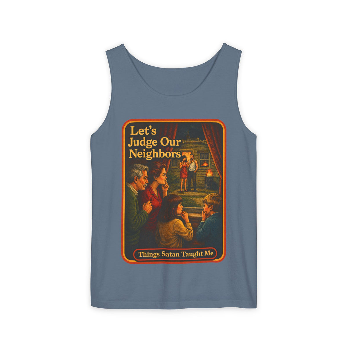 Let's Judge Our Neighbors Wife Beater in Blue Jean, front