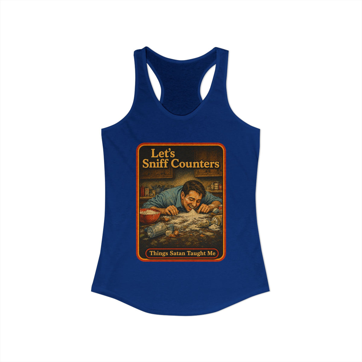 Let's Sniff Counters Racerback Tank in Royal, view 2