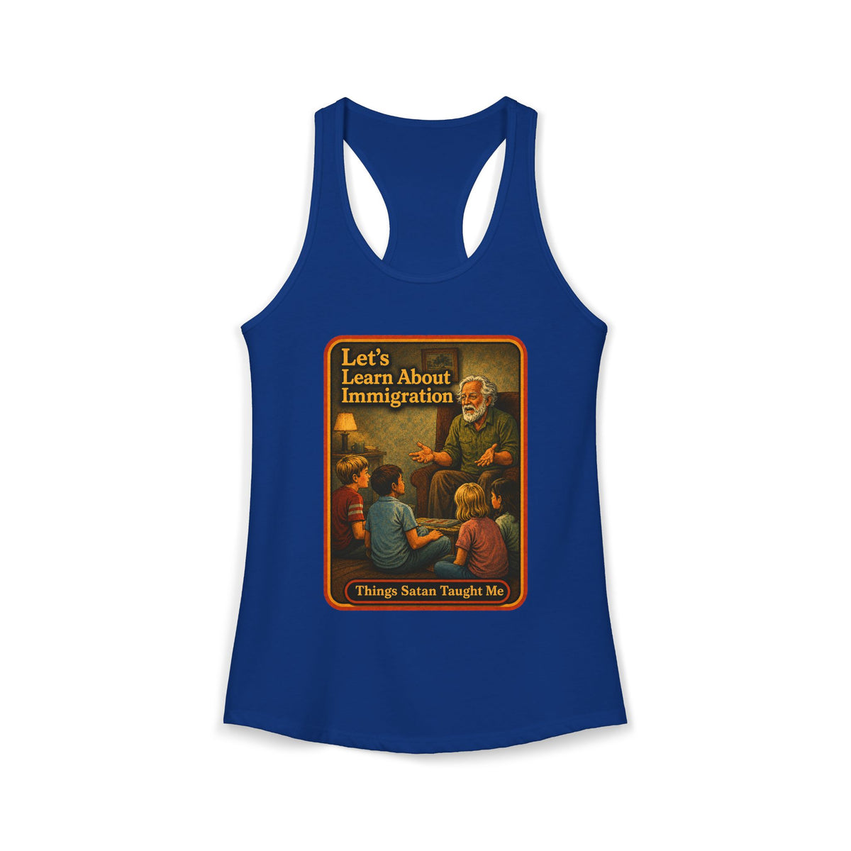 Let's Learn About Immigration Racerback Tank in Royal, front