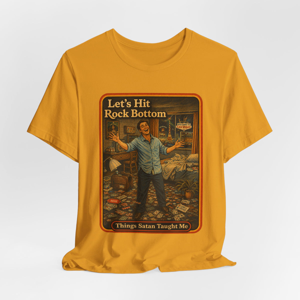 Let's Hit Rock Bottom Unisex Tee in Mustard, view 4