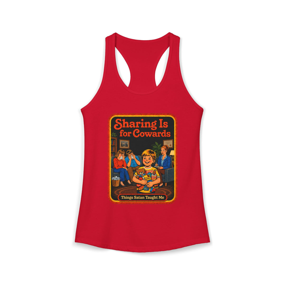 Sharing Is For Cowards Racerback Tank in Red, front