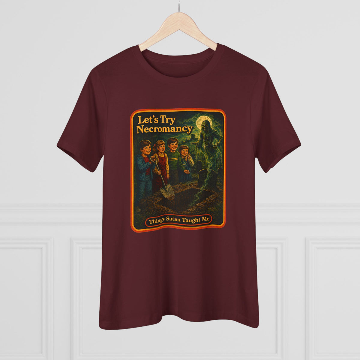 Let's Try Necromancy Women's Tee in Maroon, view 4