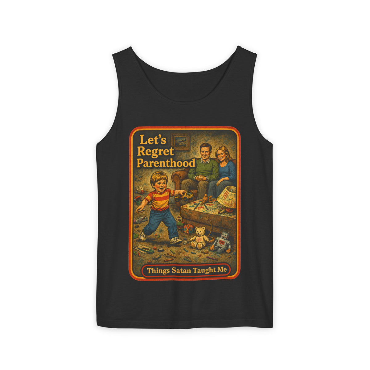 Let's Regret Parenthood Wife Beater in Black, front
