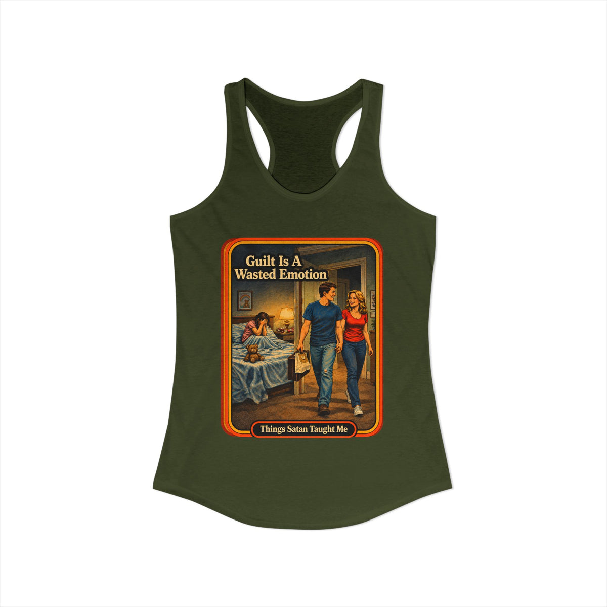 Guilt Is A Wasted Emotion Racerback Tank in Military Green, view 2