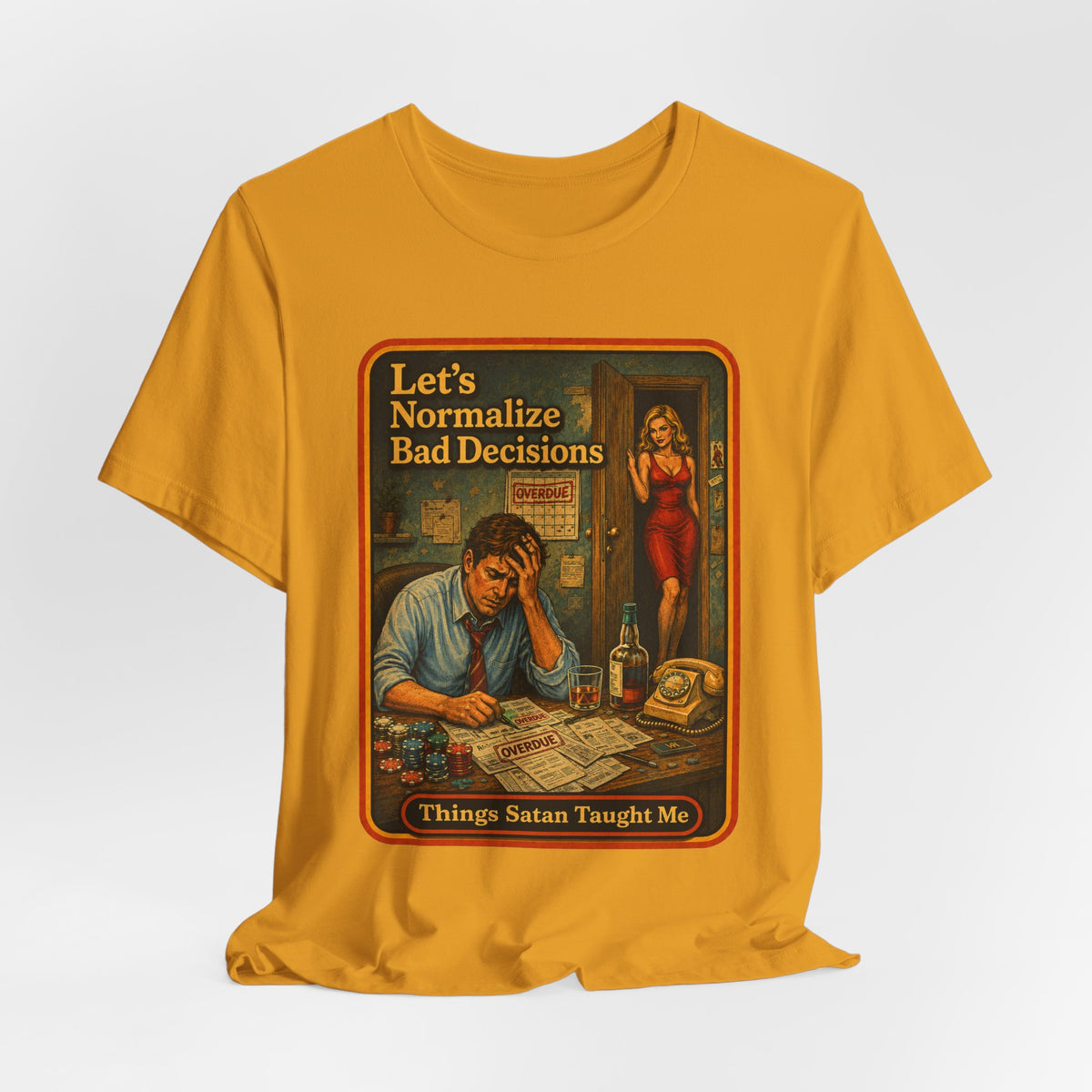 Let's Normalize Bad Decisions Unisex Tee in Mustard, view 4