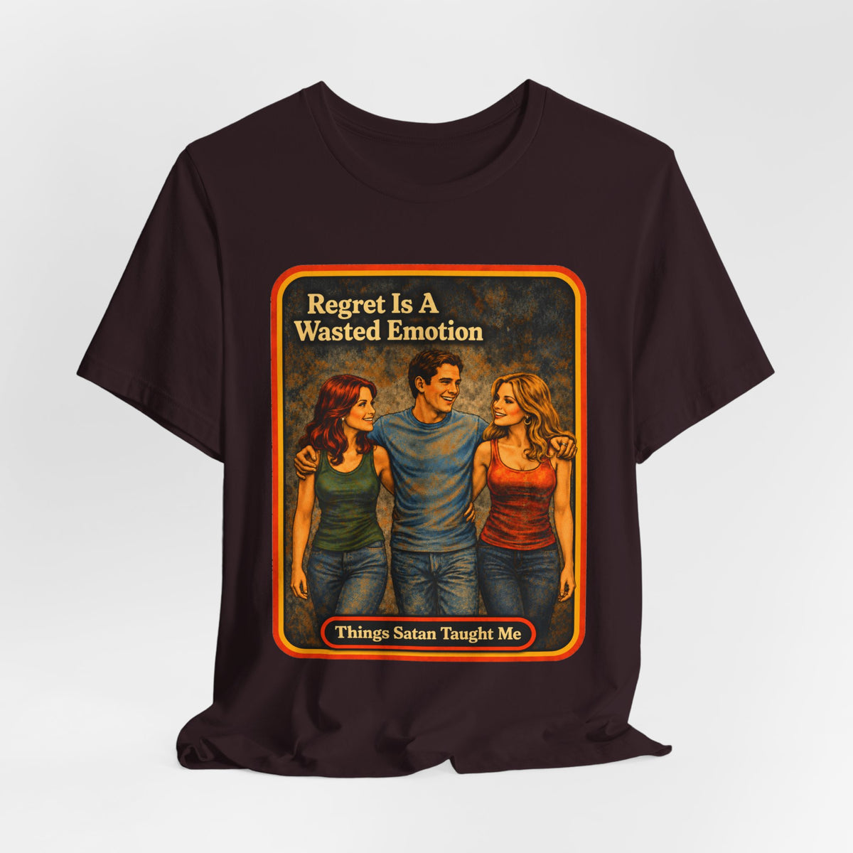 Regret Is A Wasted Emotion Unisex Tee in Oxblood Black, view 4