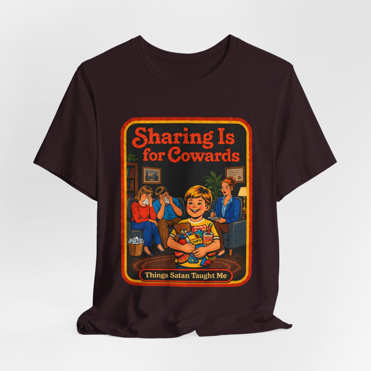 Sharing Is For Cowards Unisex Tee in Oxblood Black, view 4