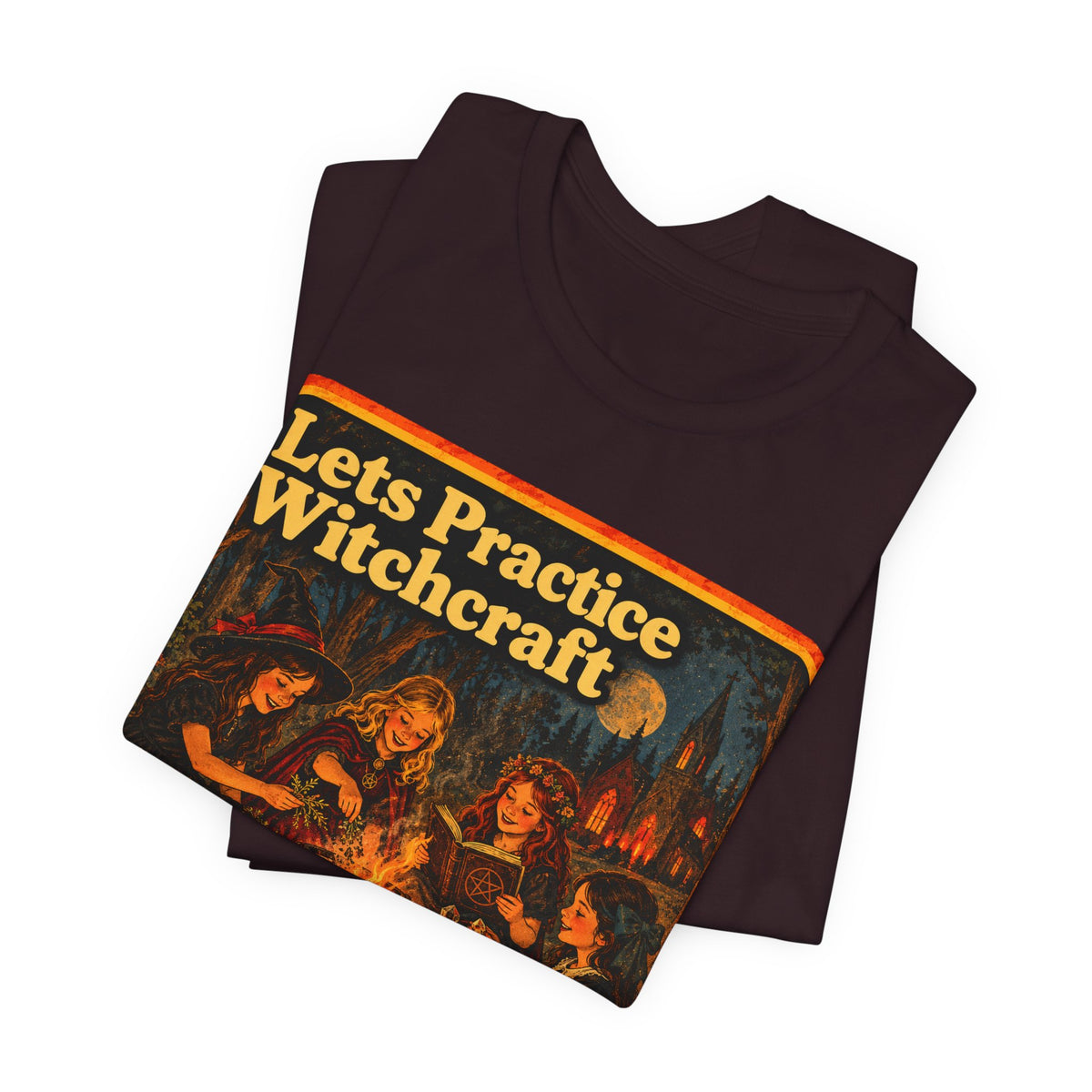 Let's Practice Witchcraft Unisex Tee in Oxblood Black, view 3