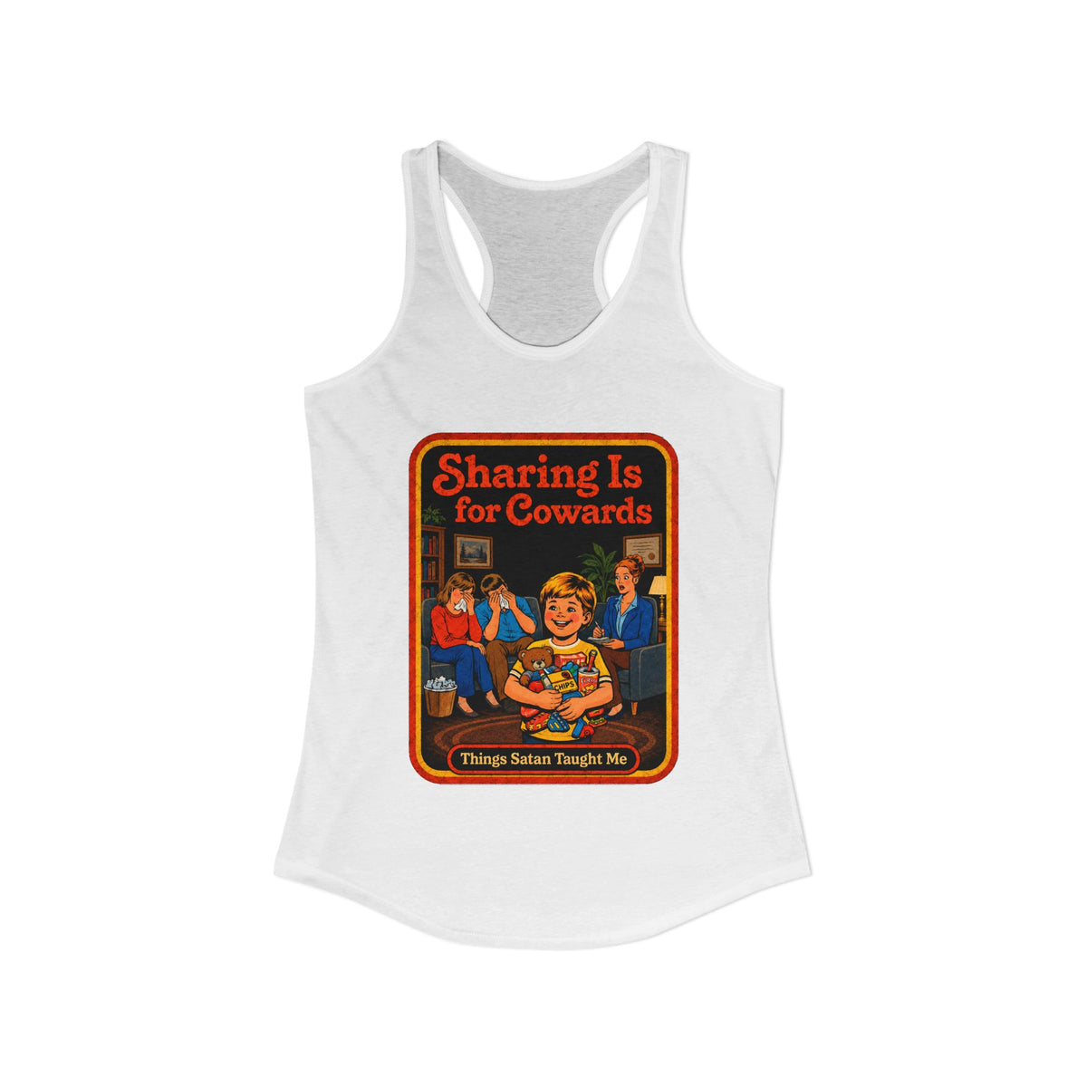 Sharing Is For Cowards Racerback Tank in White, view 2
