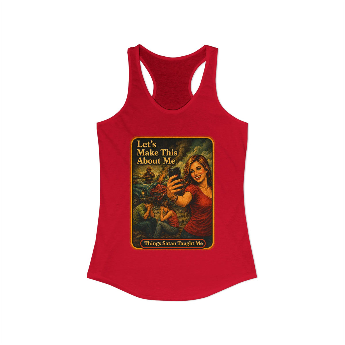 Let's Make This About Me Racerback Tank in Red, view 2