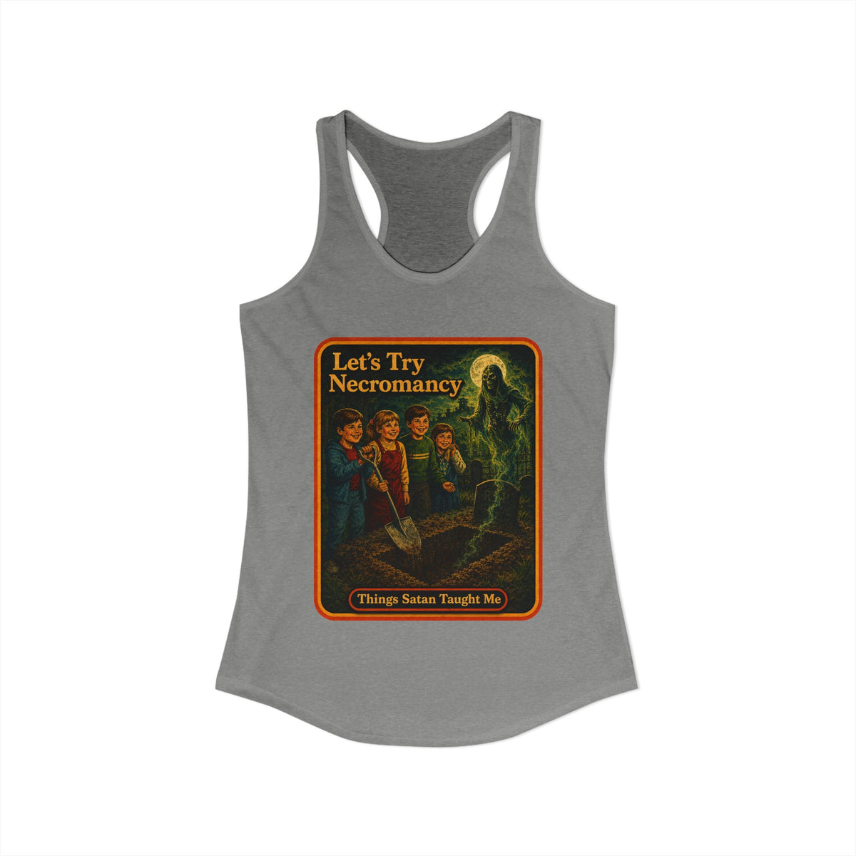 Let's Try Necromancy Racerback Tank in Heather Grey, view 2