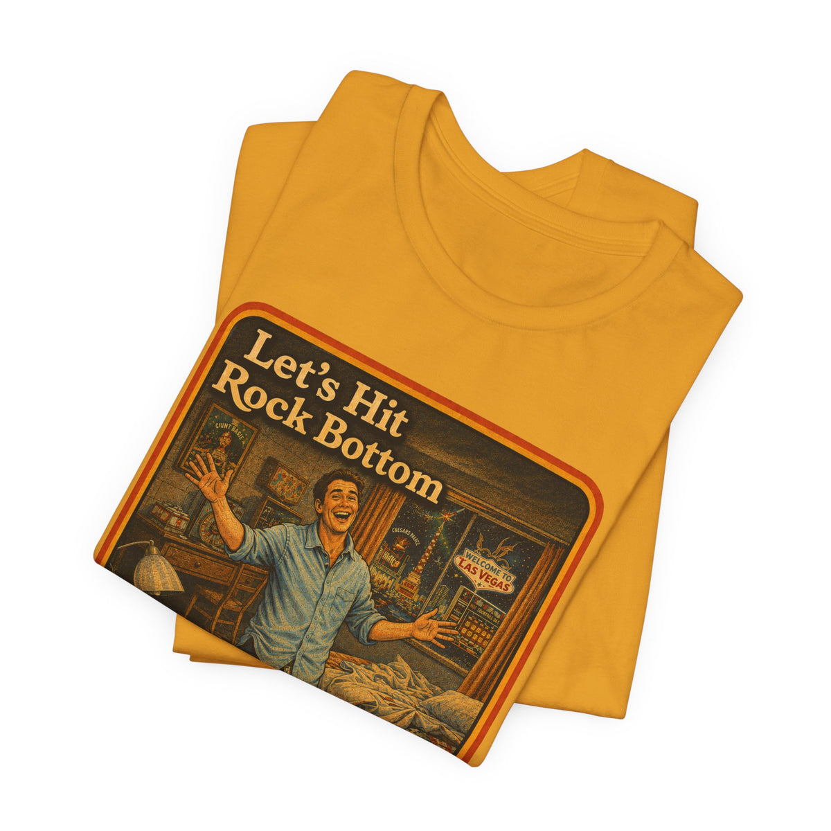 Let's Hit Rock Bottom Unisex Tee in Mustard, view 3