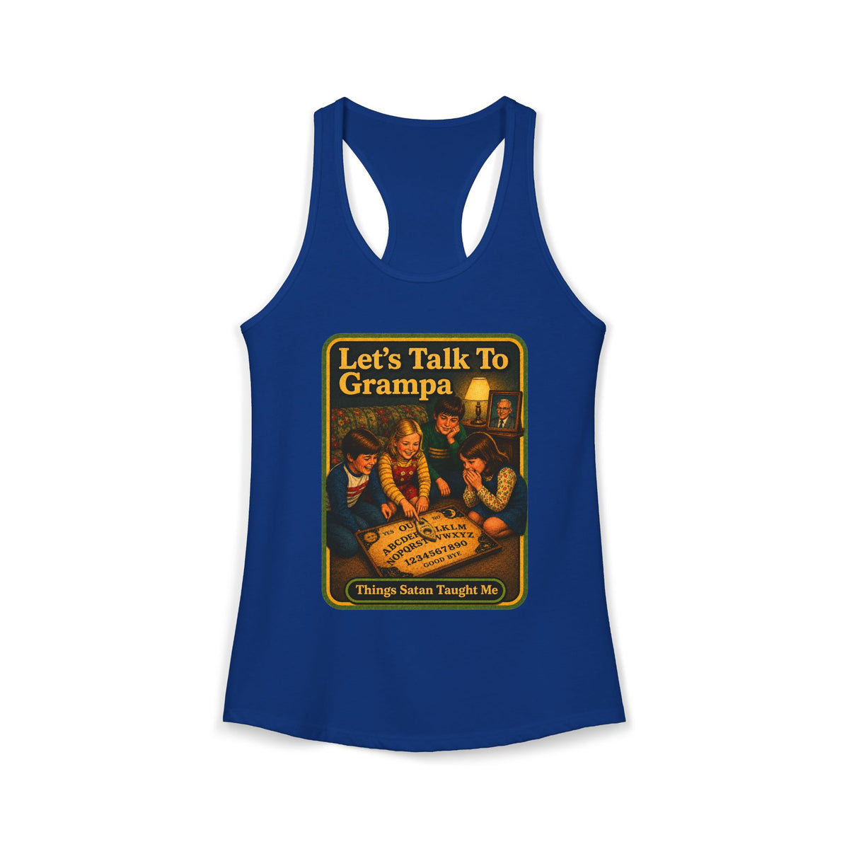 Let's Talk To Grampa Racerback Tank in Royal, front