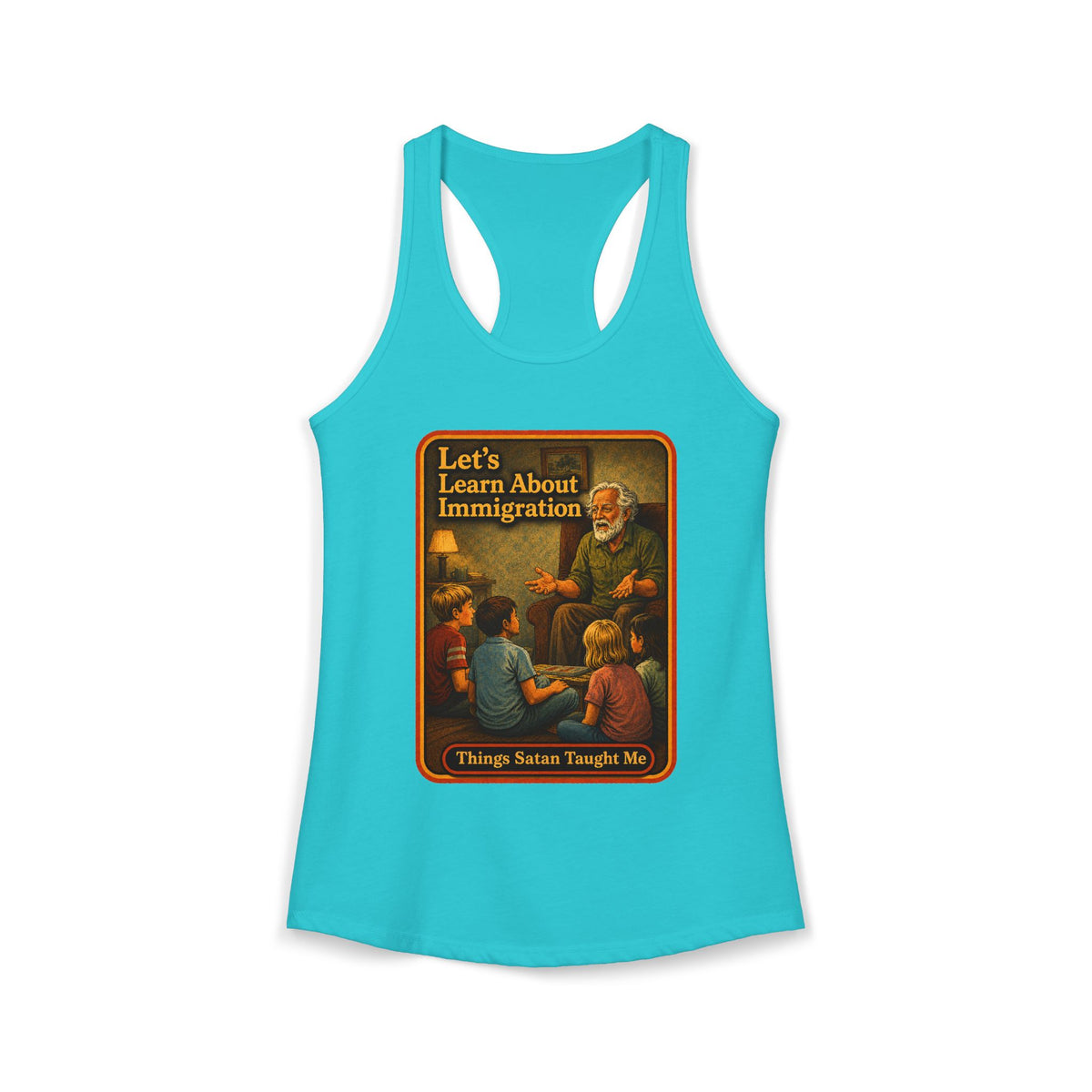 Let's Learn About Immigration Racerback Tank in Tahiti Blue, front