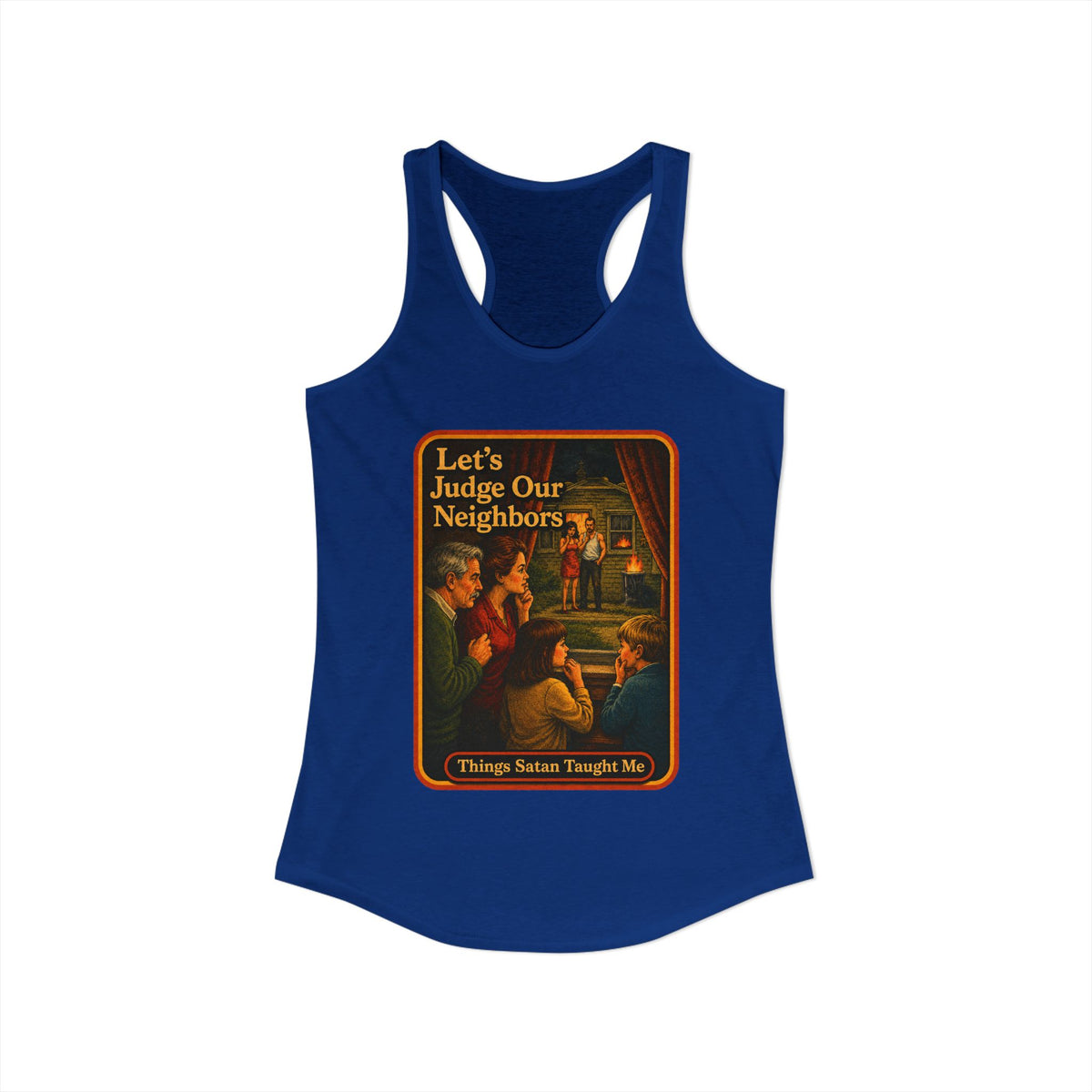 Let's Judge Our Neighbors Racerback Tank in Royal, view 2