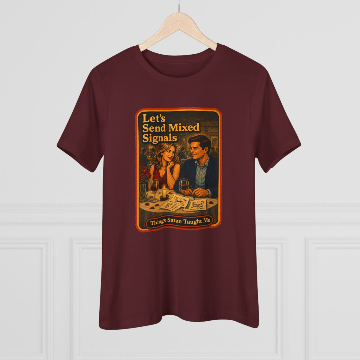 Let's Send Mixed Signals Women's Tee in Maroon, view 4