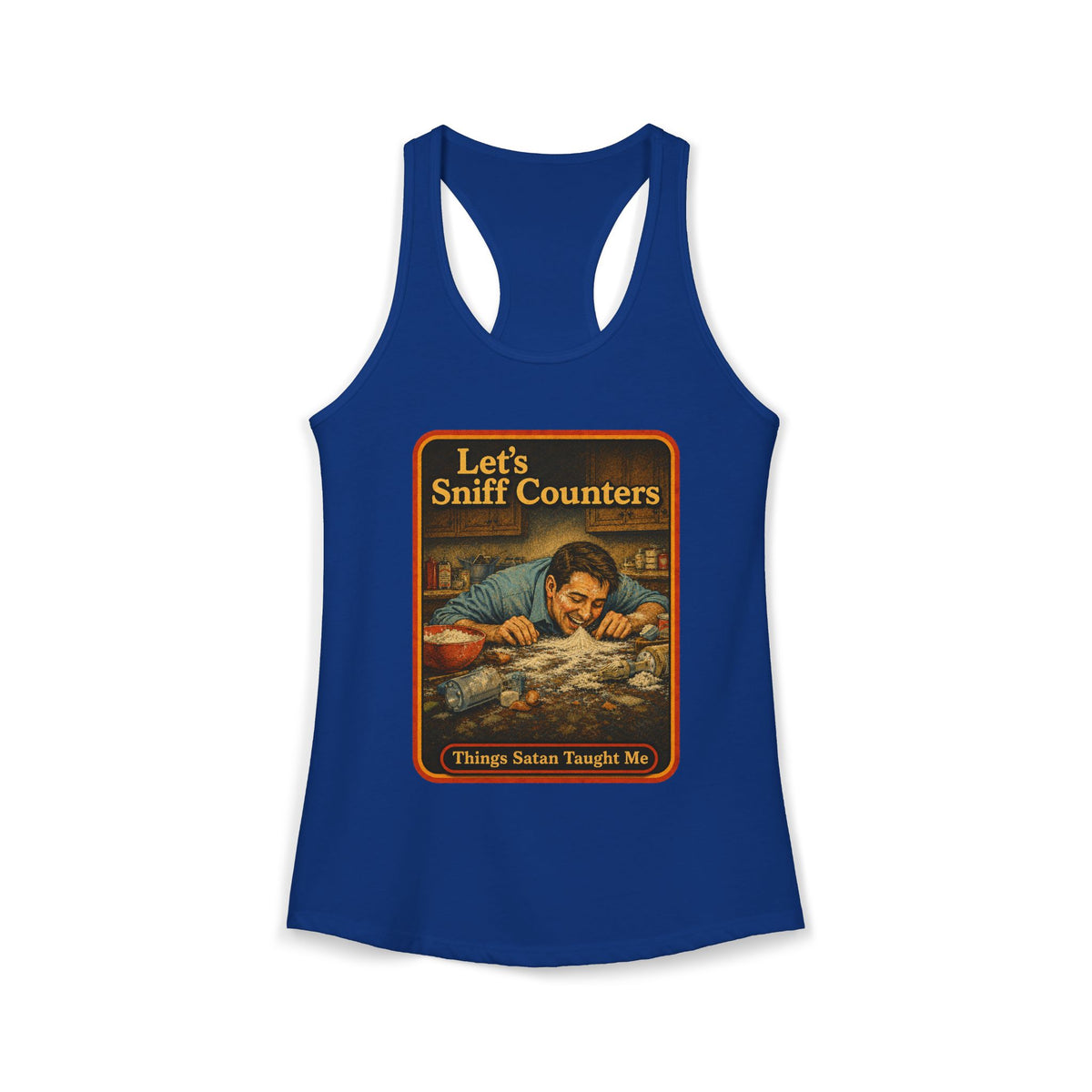 Let's Sniff Counters Racerback Tank in Royal, front