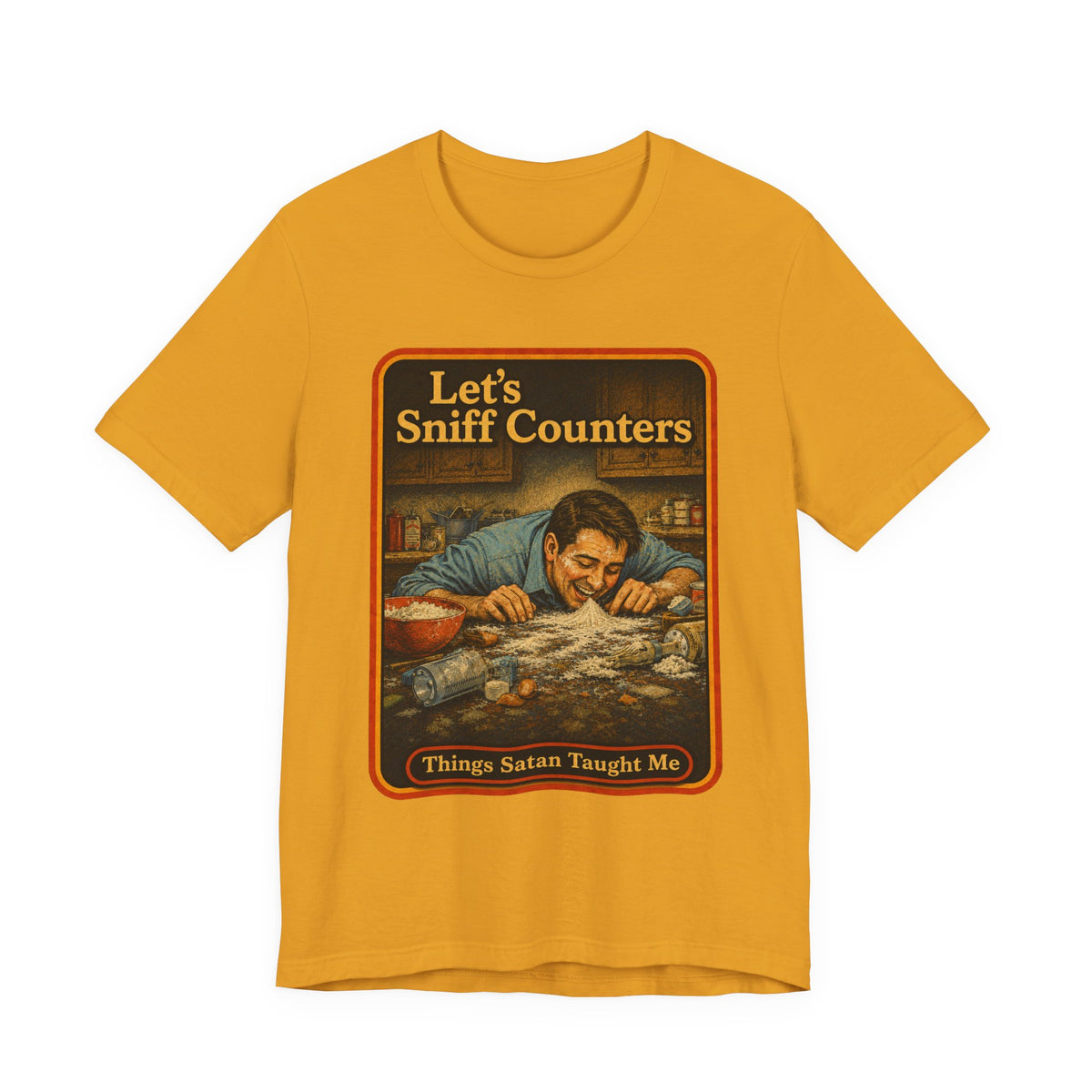 Let's Sniff Counters Unisex Tee in Mustard, front