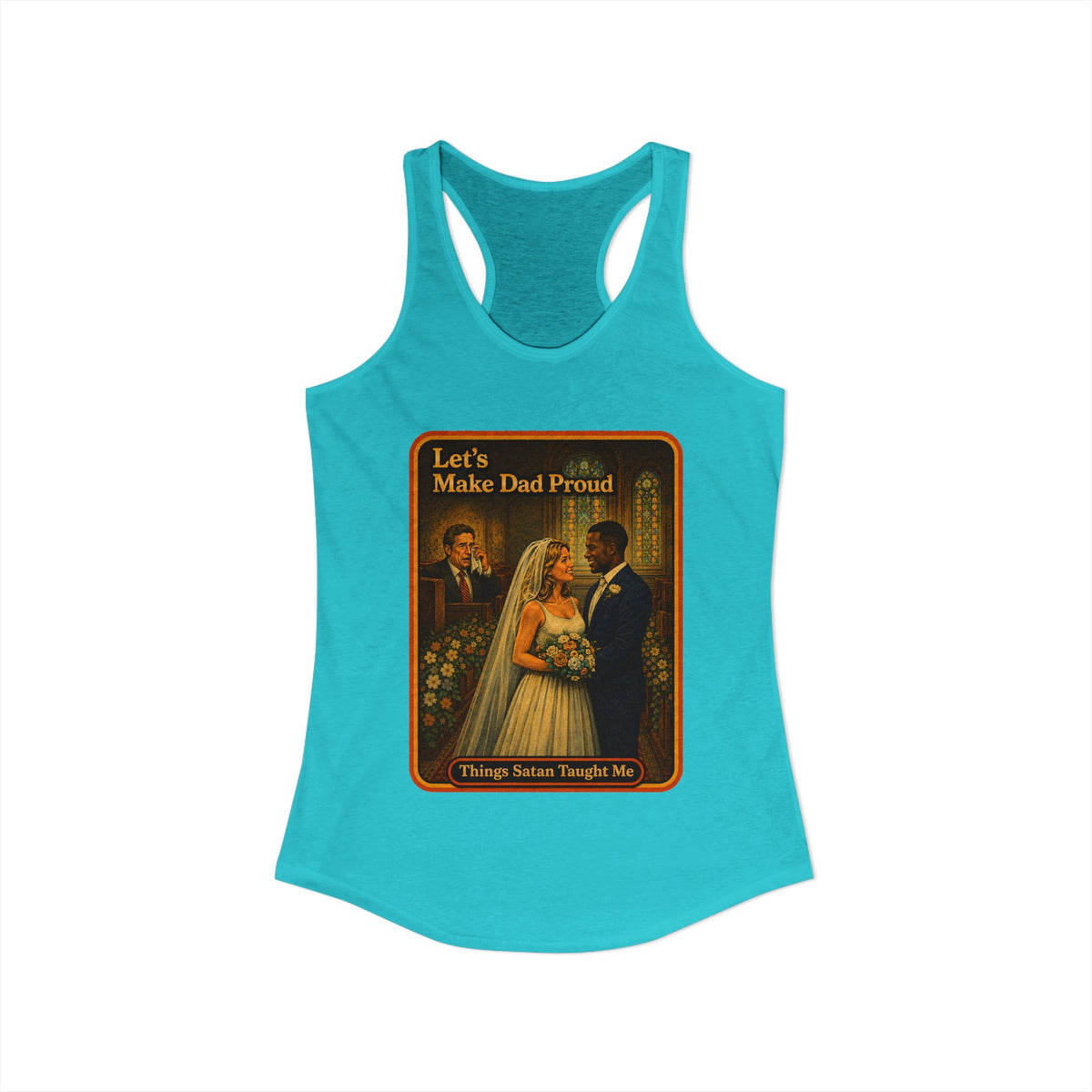 Let's Make Dad Proud No. 2 Racerback Tank in Tahiti Blue, view 2