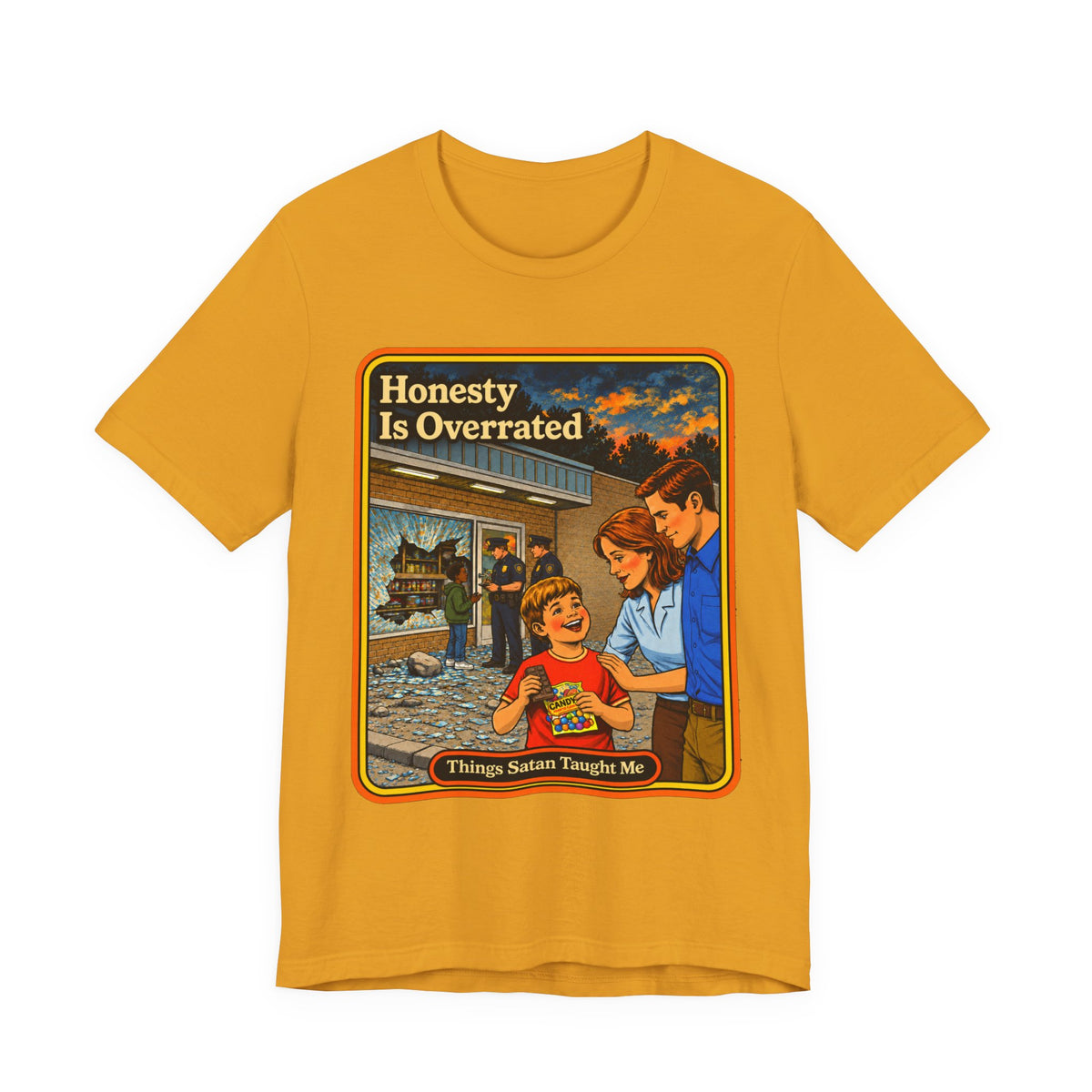 Honesty Is Overrated Unisex Tee in Mustard, front