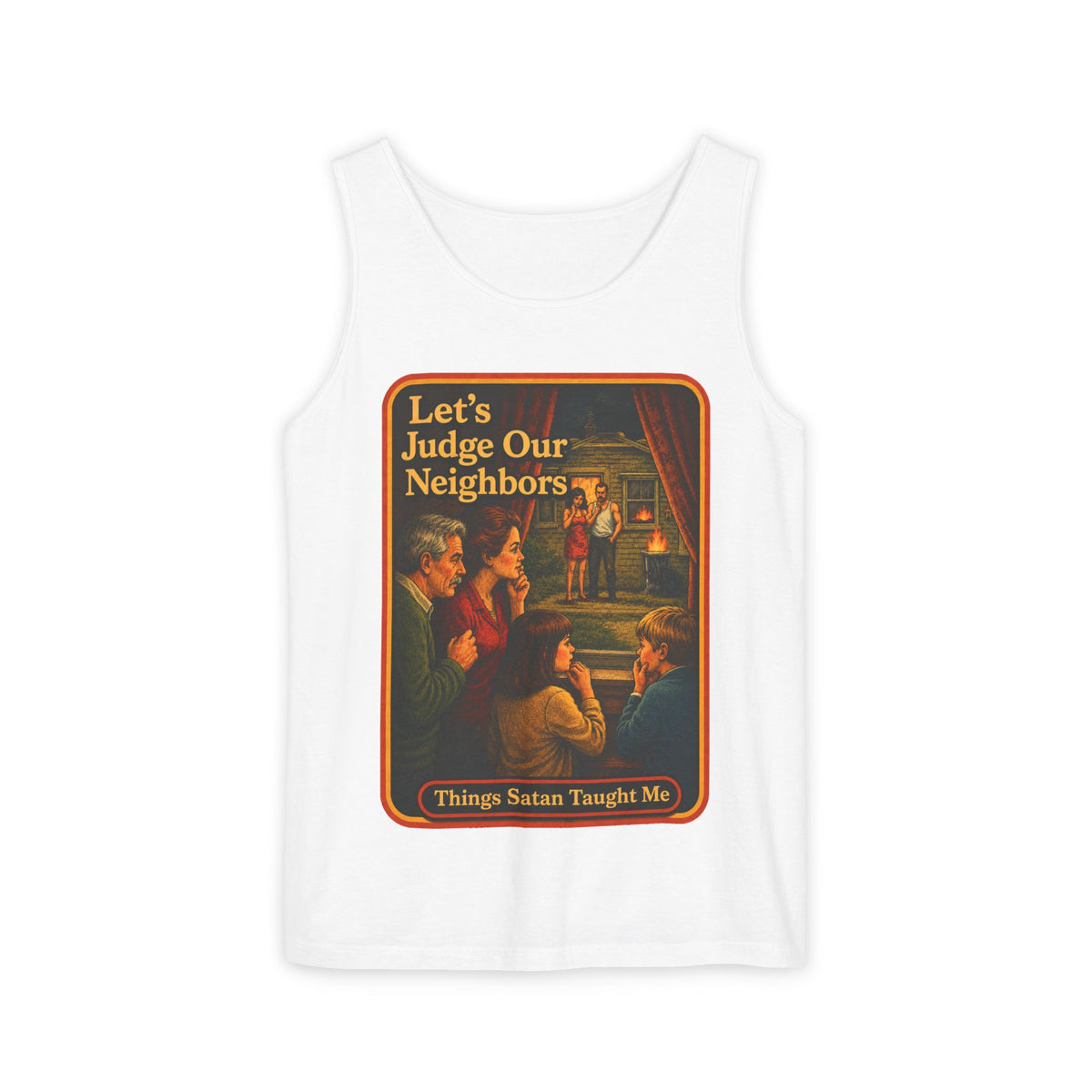 Let's Judge Our Neighbors Wife Beater in White, front