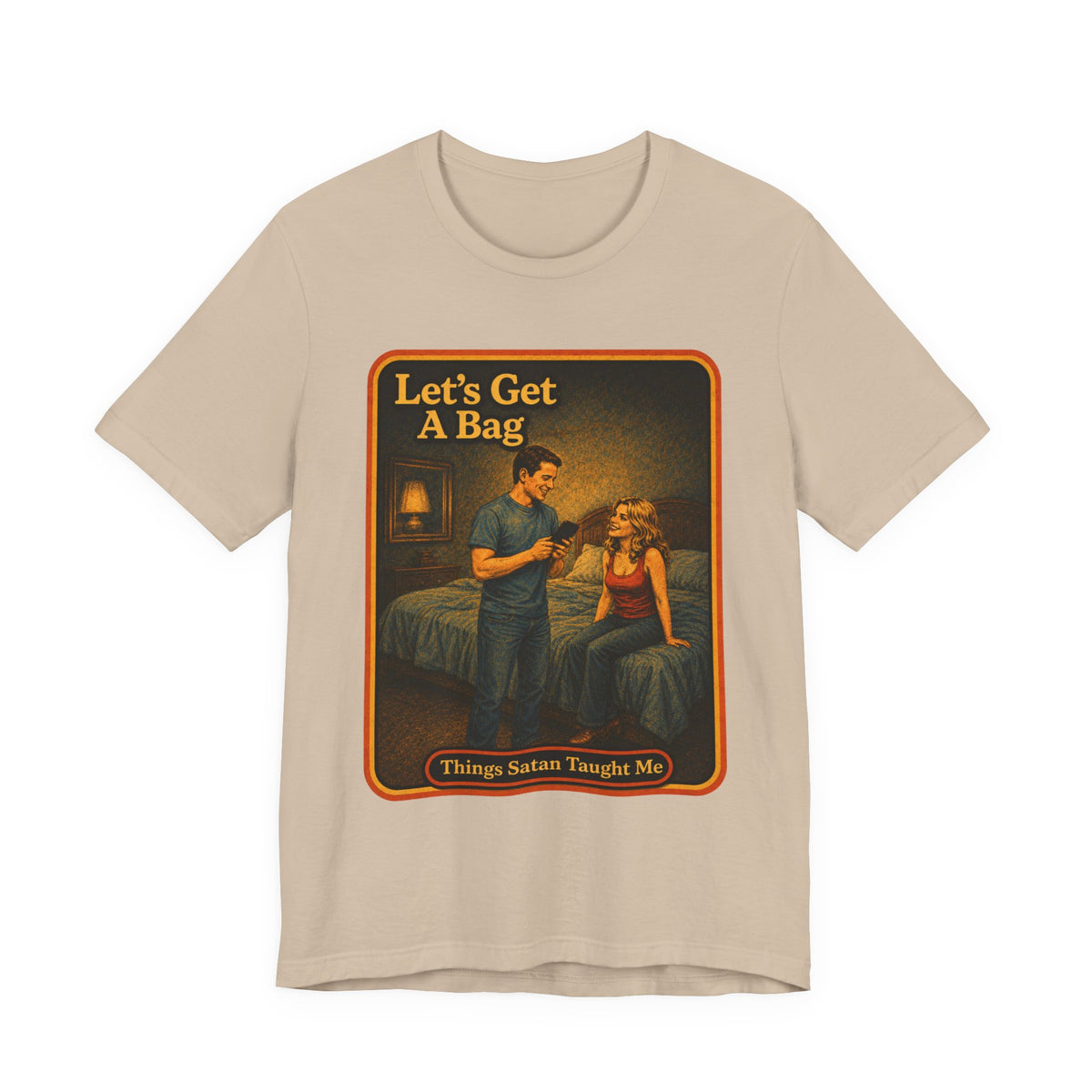 Let's Get A Bag Unisex Tee in Tan, front
