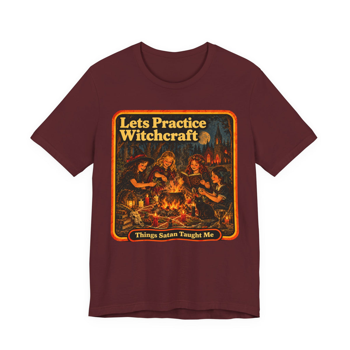 Let's Practice Witchcraft Unisex Tee in Maroon, front