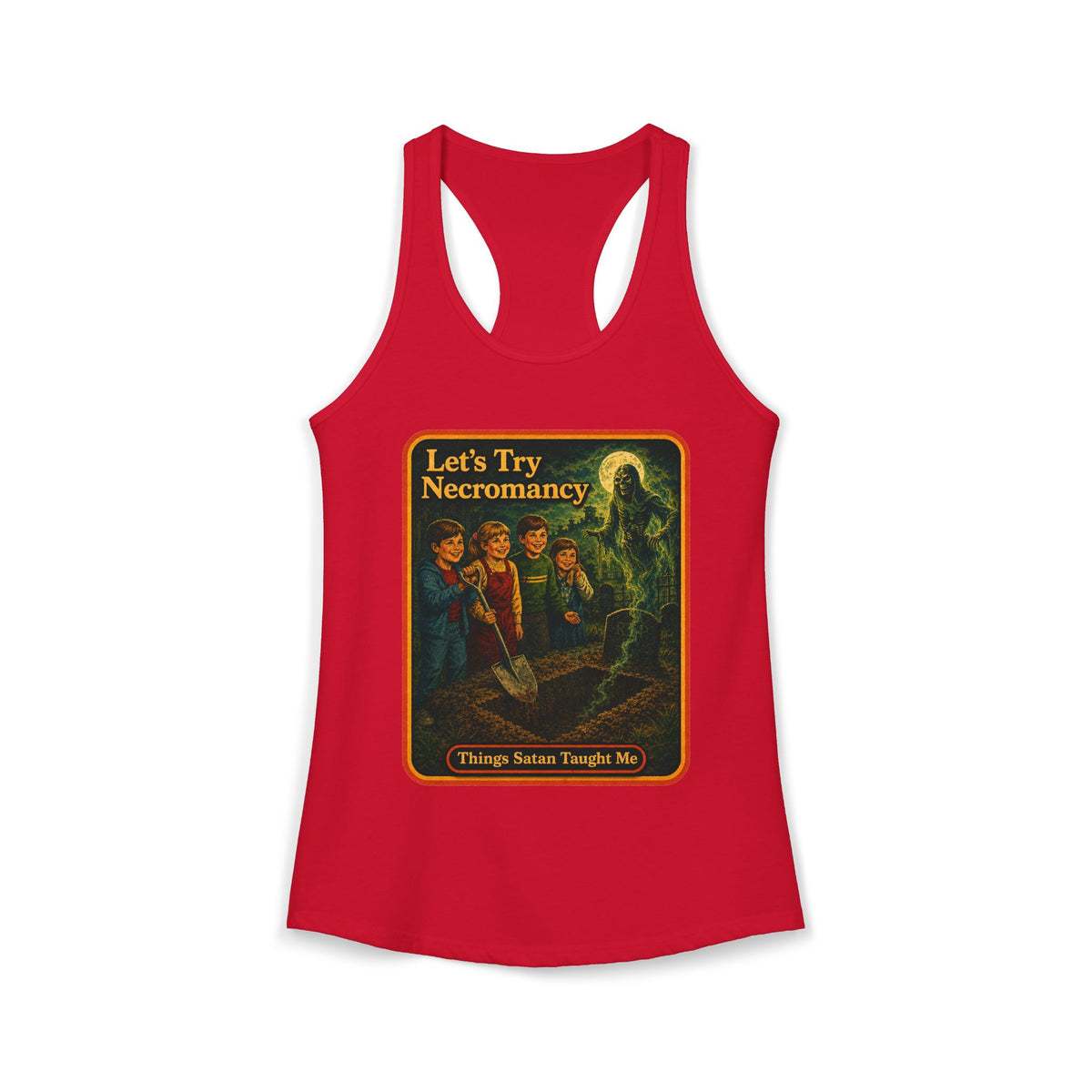 Let's Try Necromancy Racerback Tank in Red, front
