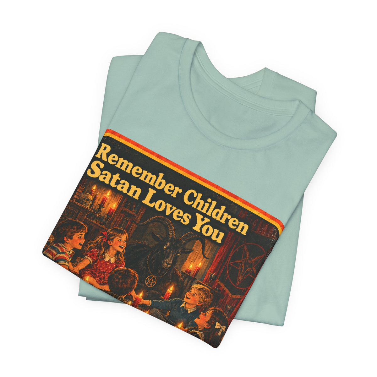 Remember Children. Satan Loves You Unisex Tee in Dusty Blue, view 3