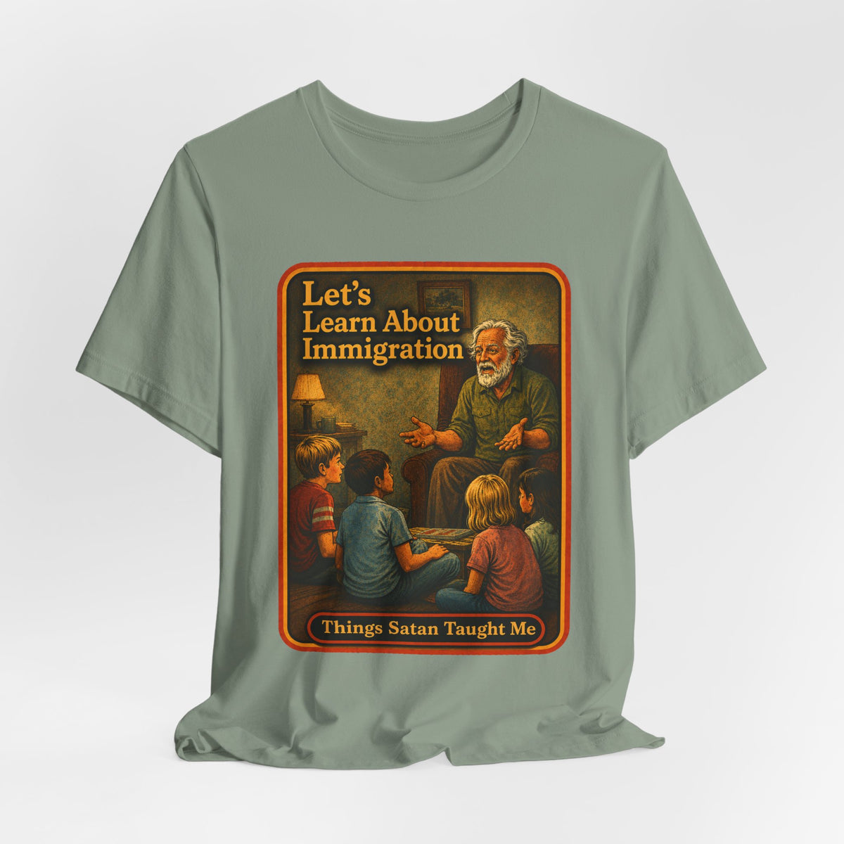 Let's Learn About Immigration Unisex Tee in Sage, view 4