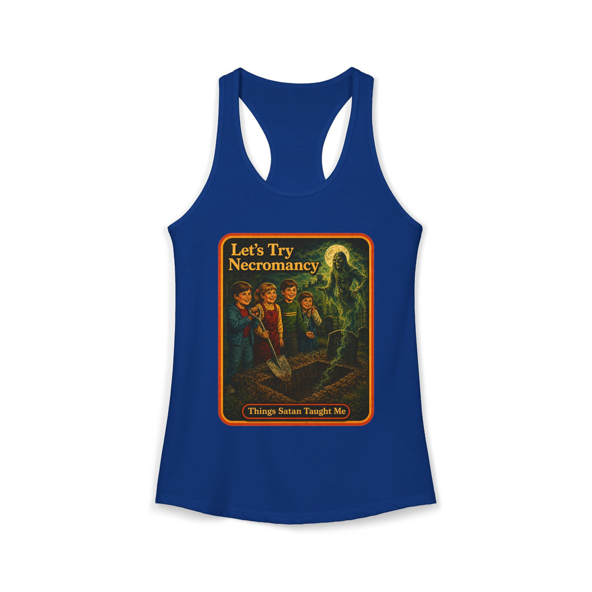 Let's Try Necromancy Racerback Tank in Royal, front