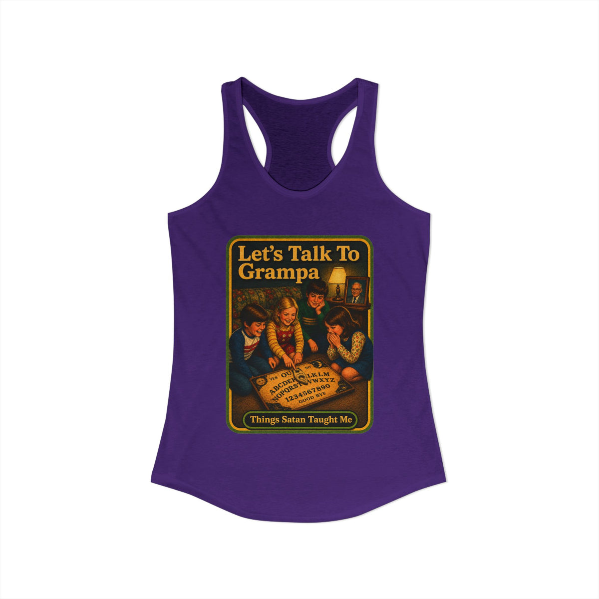 Let's Talk To Grampa Racerback Tank in Purple Rush, view 2