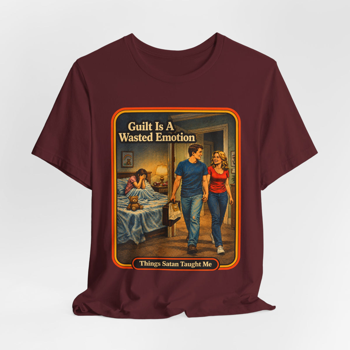 Guilt Is A Wasted Emotion Unisex Tee in Maroon, view 4