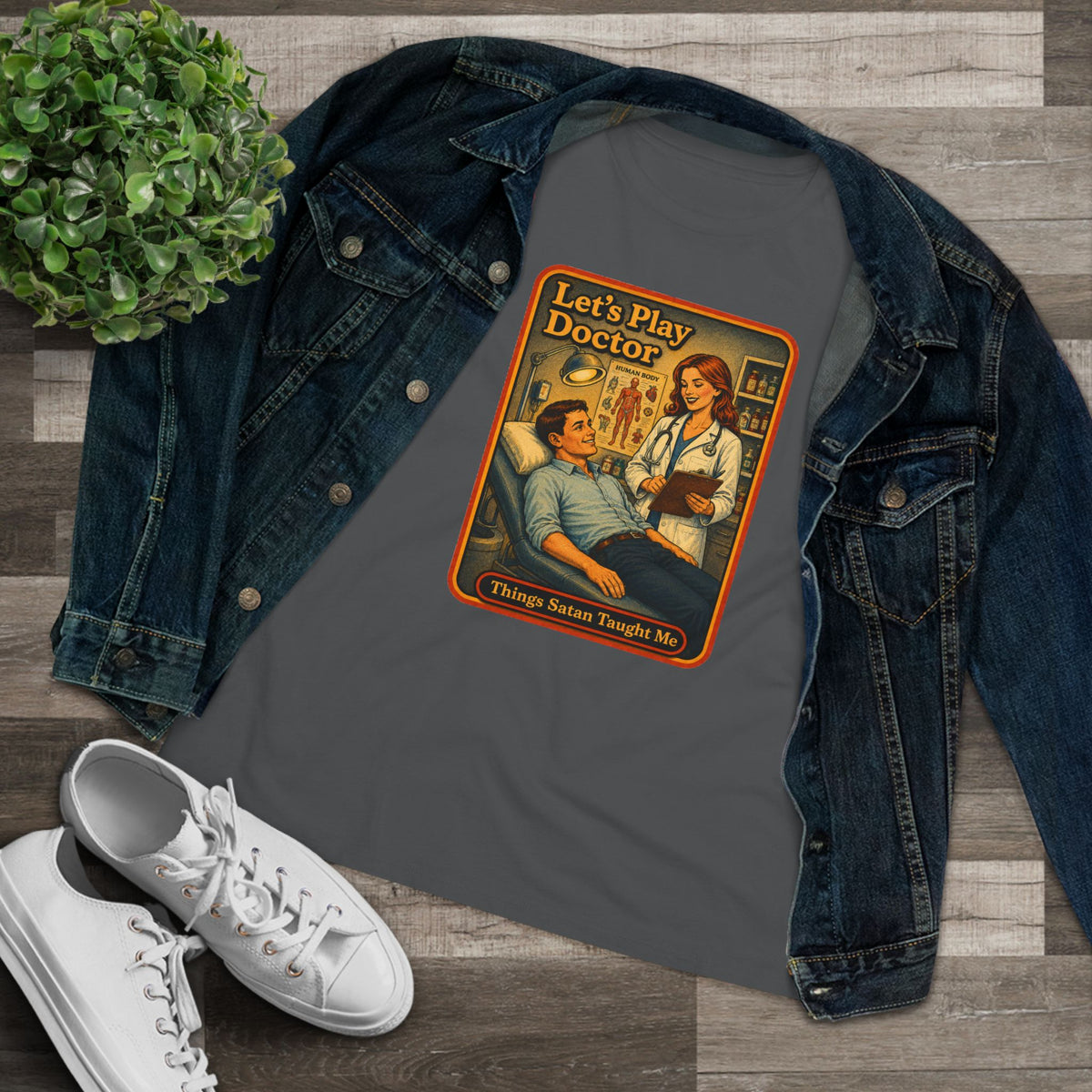 Let's Play Doctor Women's Tee in Asphalt, view 3