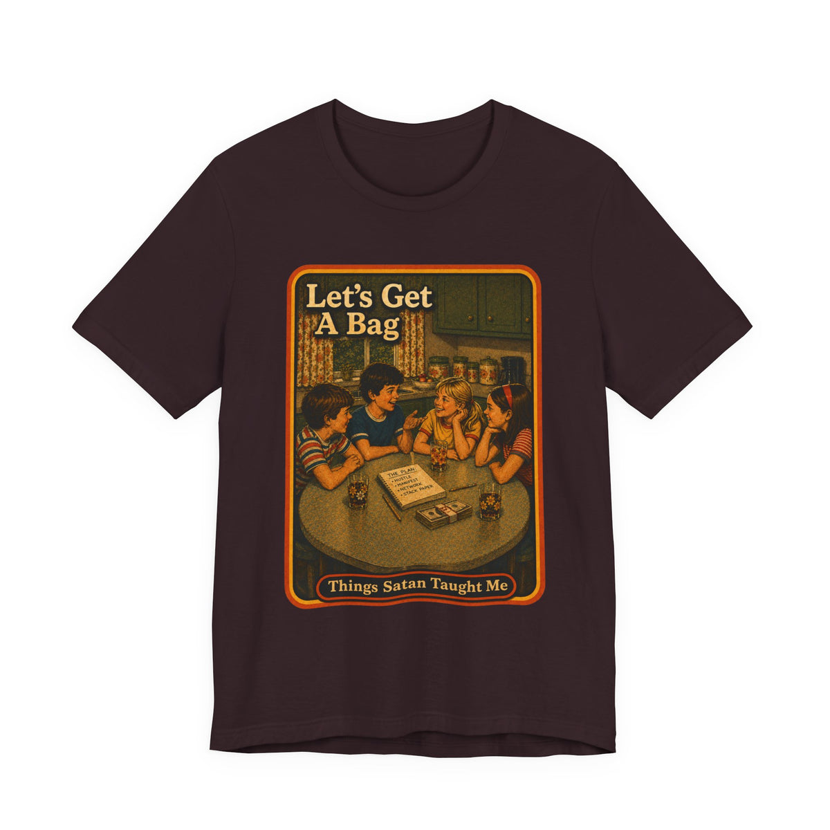 Let's Get Another Bag Unisex Tee in Oxblood Black, front