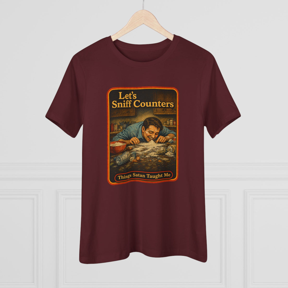 Let's Sniff Counters Women's Tee in Maroon, view 4